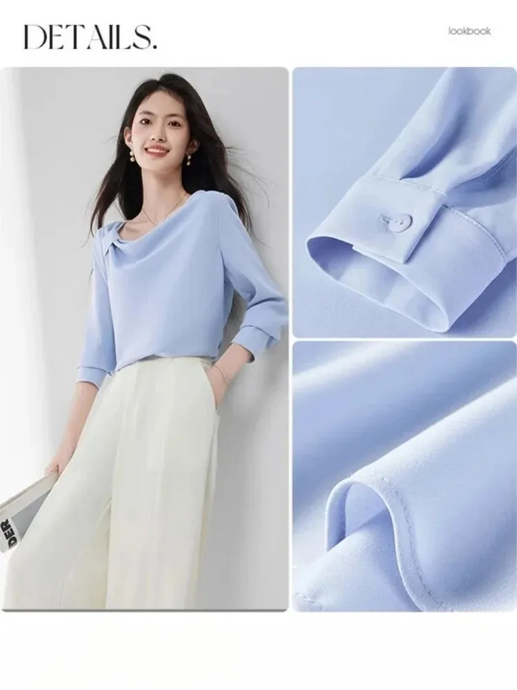 SENTUBILA Women's Elegant Skew Neck Chiffon Shirt 2025 Autumn Loose Edition Commuting Long Sleeve Shirt 153VA2614