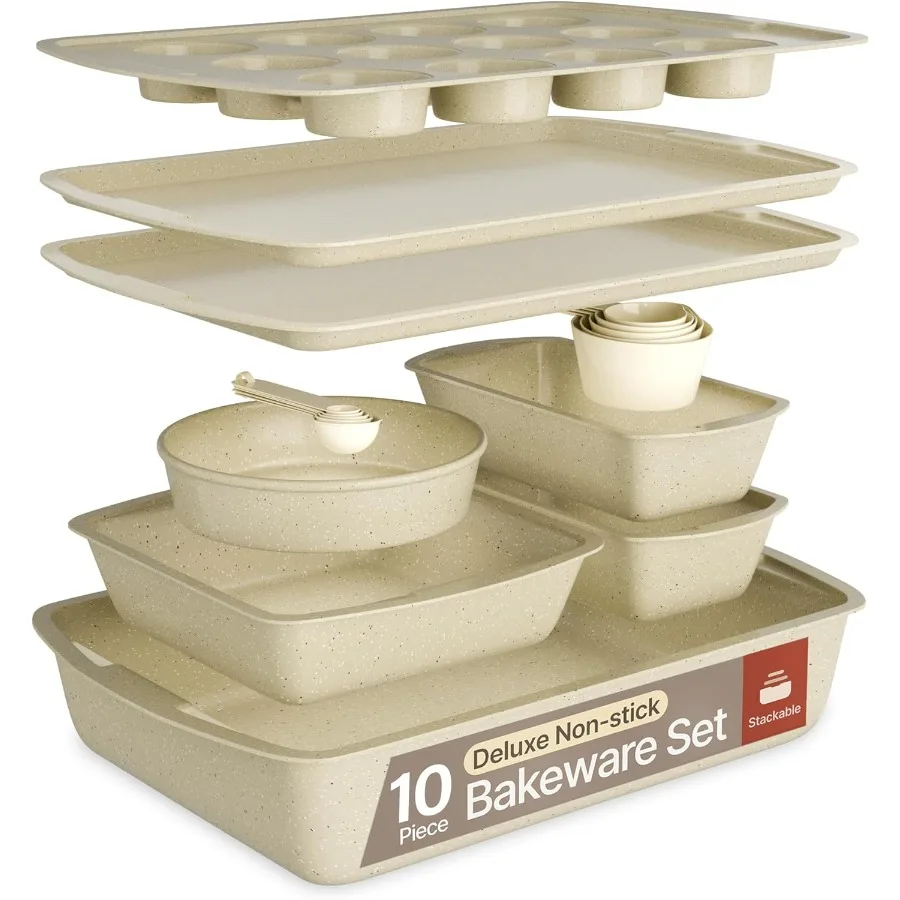 

White Marble 10Piece Bakeware Sets Nonstick Carbon Steel Baking Sheet and Pans Stackable SpaceSaving Bakeware Dishwasher Safe S
