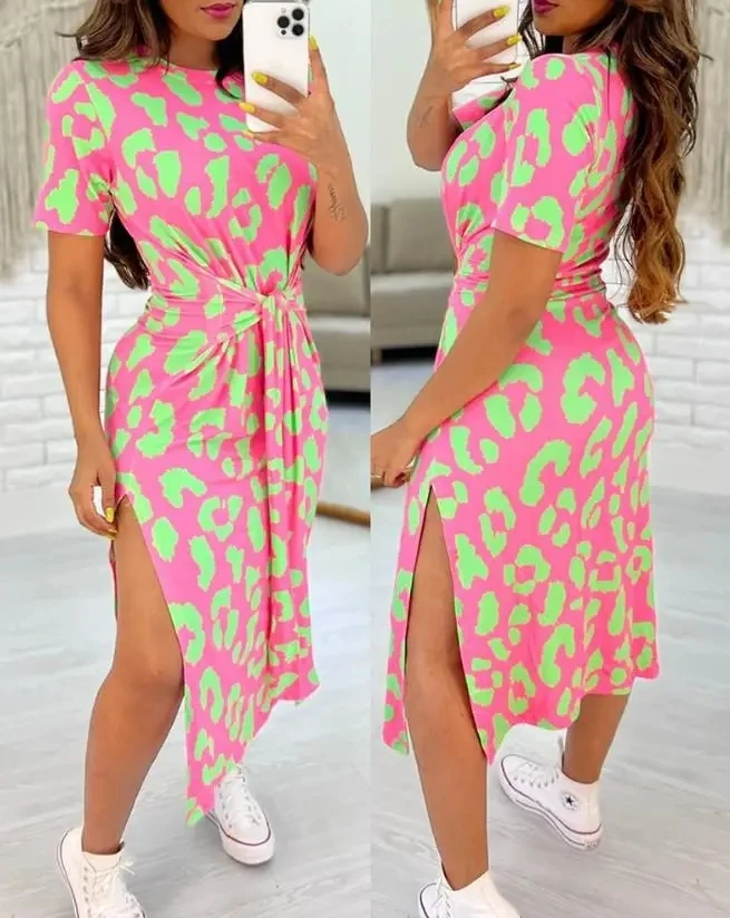 

Fashion Women Leopard Print Dress European American Knotted Slit Tied Detail Design Casual Short Sleeve Mid-Calf Summer Dresses