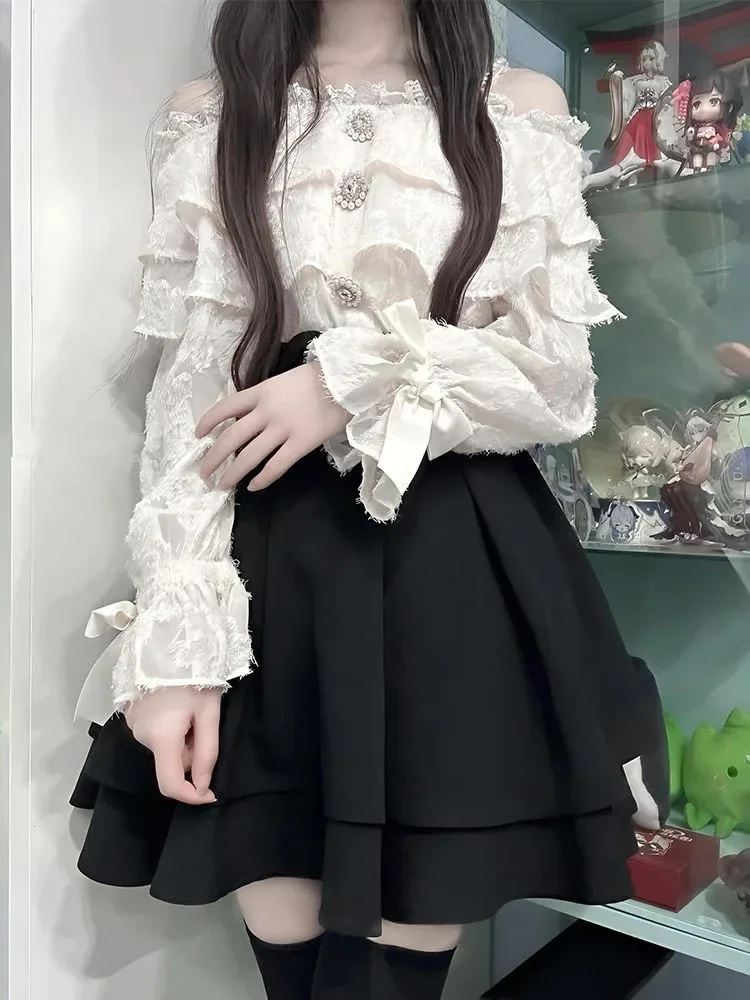 

Костюм с юбкой, милые комплекты из 2 предметов, японская женская одежда, лоскутное платье с бантом и открытыми плечами, сексуальная блузка, туника с высокой талией, юбки, наряды