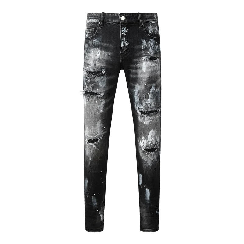 Designer Street Fashion Men's Jeans Perforated Patch Elastic Slimming Ripple Black Grey Jeans Men's Painted Hip Hop Brand Pants