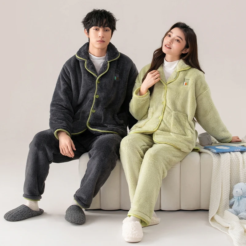 High Quality Couple Pajamas Set Turn-down Collar Flannel Sleepwear Women Men Warm Fleece Pijama Winter Lovers Home Clothing