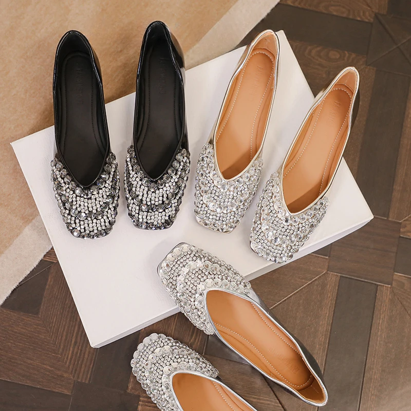 

Crystal Luxury Flat Women Shoes Shallow Soft Sole Square Toe Dress Shoes Leisure Comfort Rhinestone Designer Footwear Women