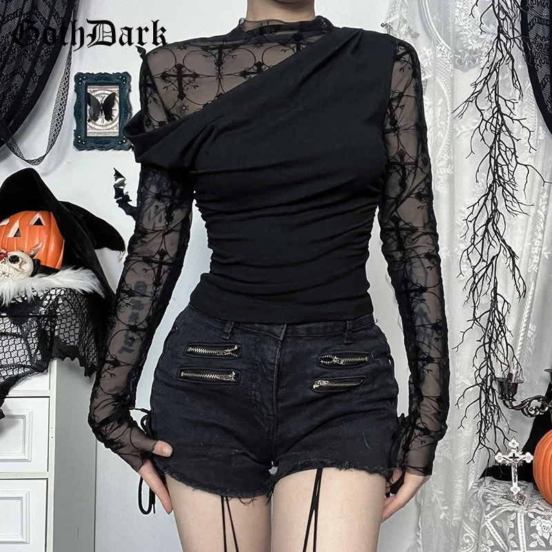 

Goth Dark Chic Flocking Print O-neck T-shirt Women Elegant Mesh Patchwork Sheer Tops Mall Goth Slim T-shirts Cyber Y2K Outfits