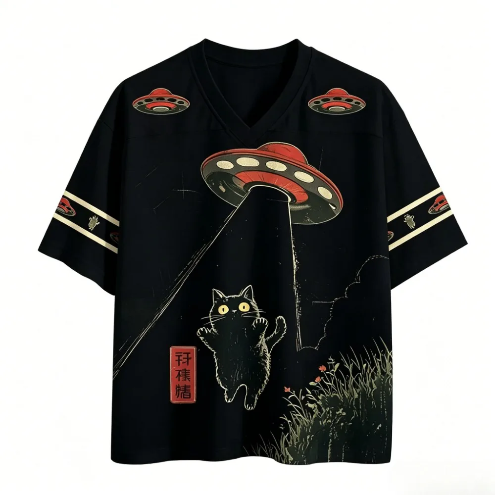 Sommerliches amerikanisches Retro Sci-Fi UFO Katzen 3D-Druck Atmungsaktives Schnelltrocknendes V-Ausschnitt T-Shirt für Herren und Damen – Sportlich-lässige Eltern-Kind-Kleidung – Detail 5