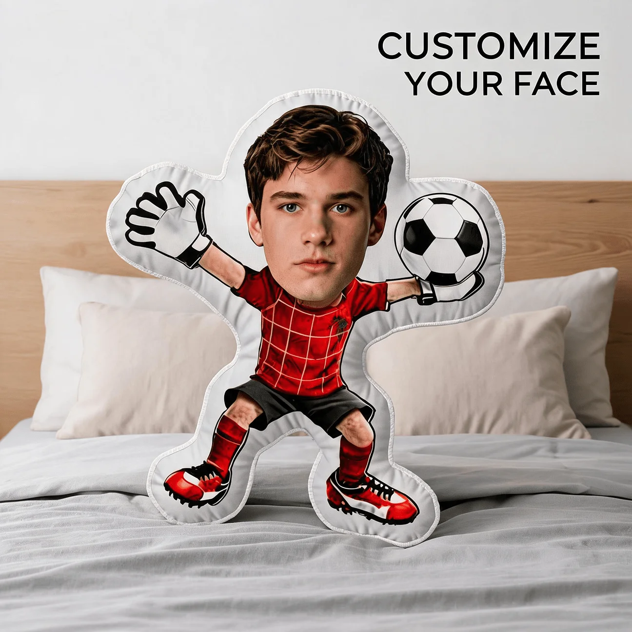 Custom Photo Soccer Goalkeeper Shaped Pillow, Personalized Face Red Jersey Decorative Cushion, Unique Home Decor Accent for Sofa