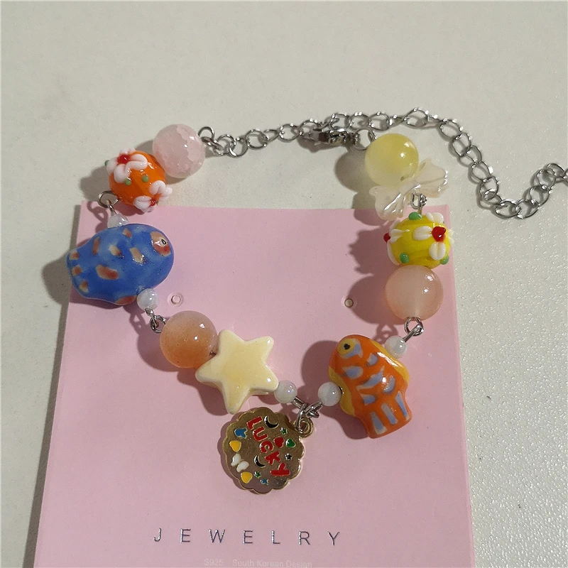 Kpop Harajuku Aesthetic Butterfly Love Star Ceramic Glass Acrylic Beaded Bracelet Girl 2000s EMO Charm Jewelry Y2K Accessories