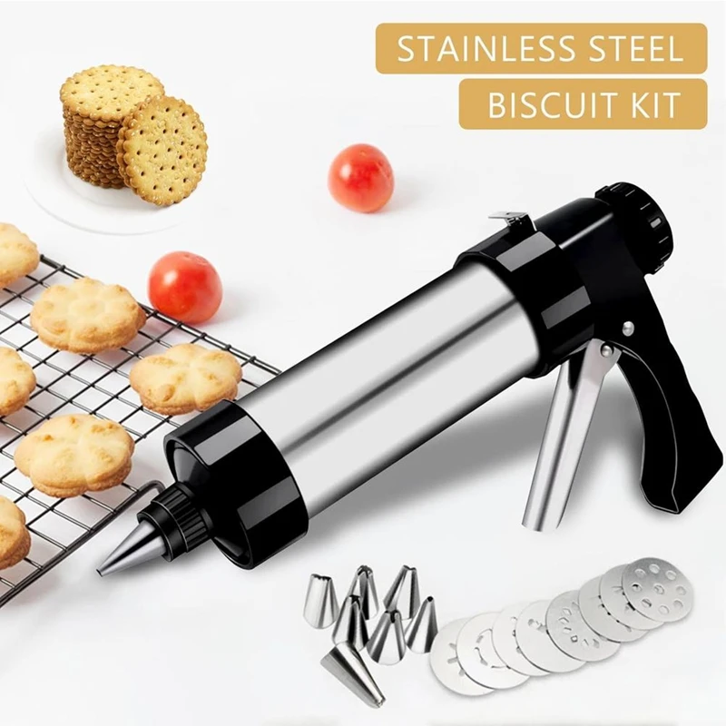 Cookie Press, Stainless Steel Cookie Set With 8 Frosting Tips And 13 Cookie Plates For DIY Cookie Making And Decorating