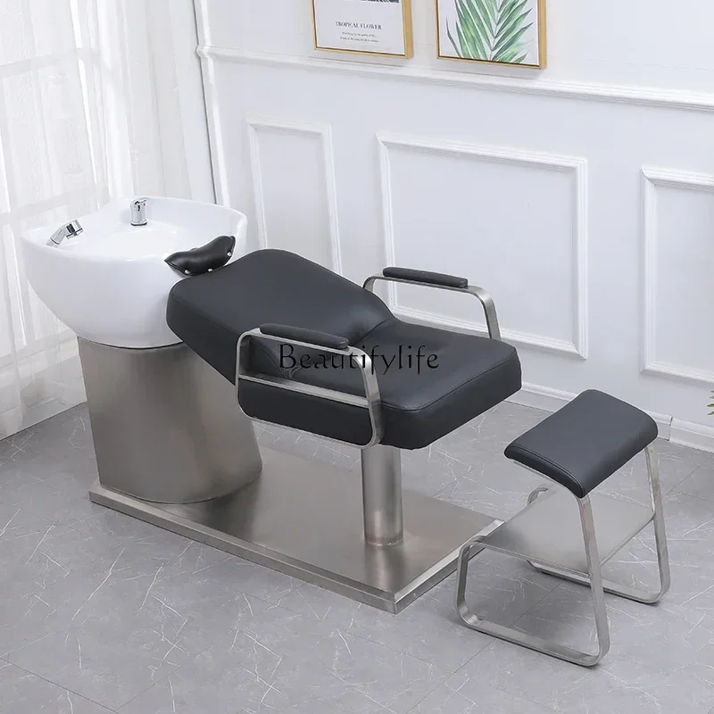 High-End for Hair Salon Hairdressing Half Lying Shampoo Chair Barber Shop Stainless Steel Fashion Flushing Bed