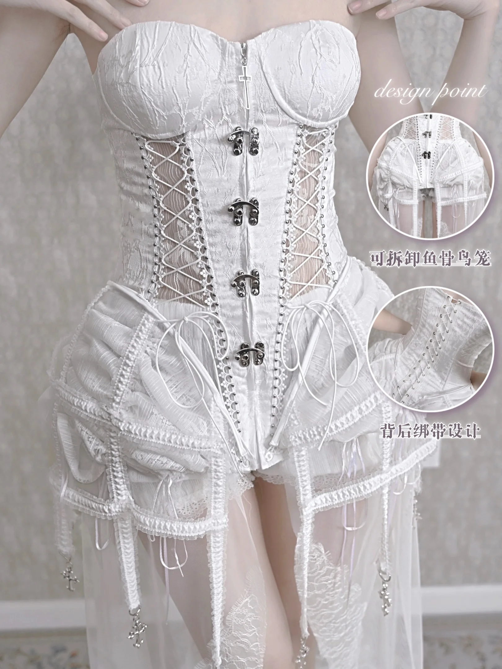 Halloween Gothic Cos Fishbone Top Shorts Mesh Pendulum 3 Piece Sets Girl's Sweet Cool Slim Elegant Heavy Industry Outfits Women