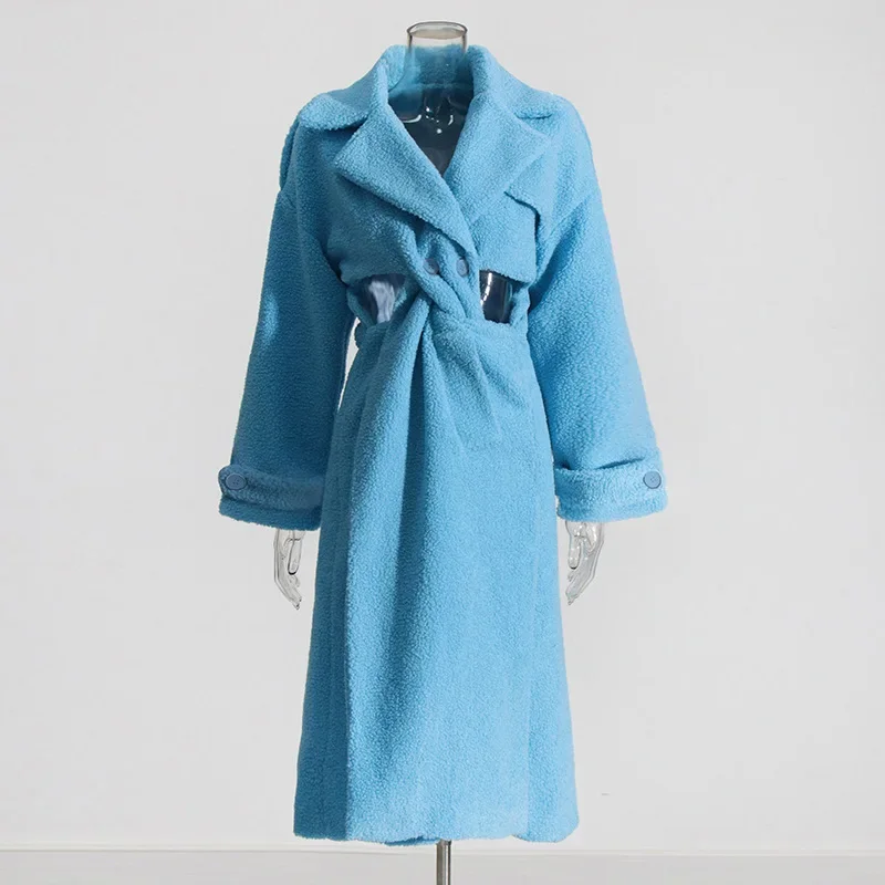 

2024 new versatile niche design sense hollow kink solid color warm long woolen coat women's coat