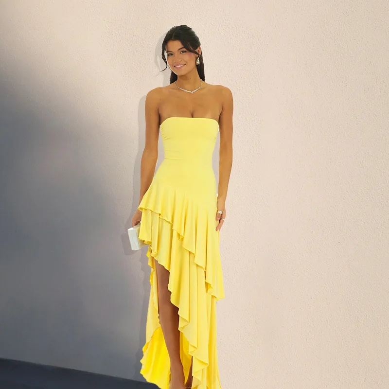 

Summer Yellow Sexy Strapless Ruffles Maxi Dress for Women Elegant Draped Sleeveless Holidays Party Dress Club Outfits 2025