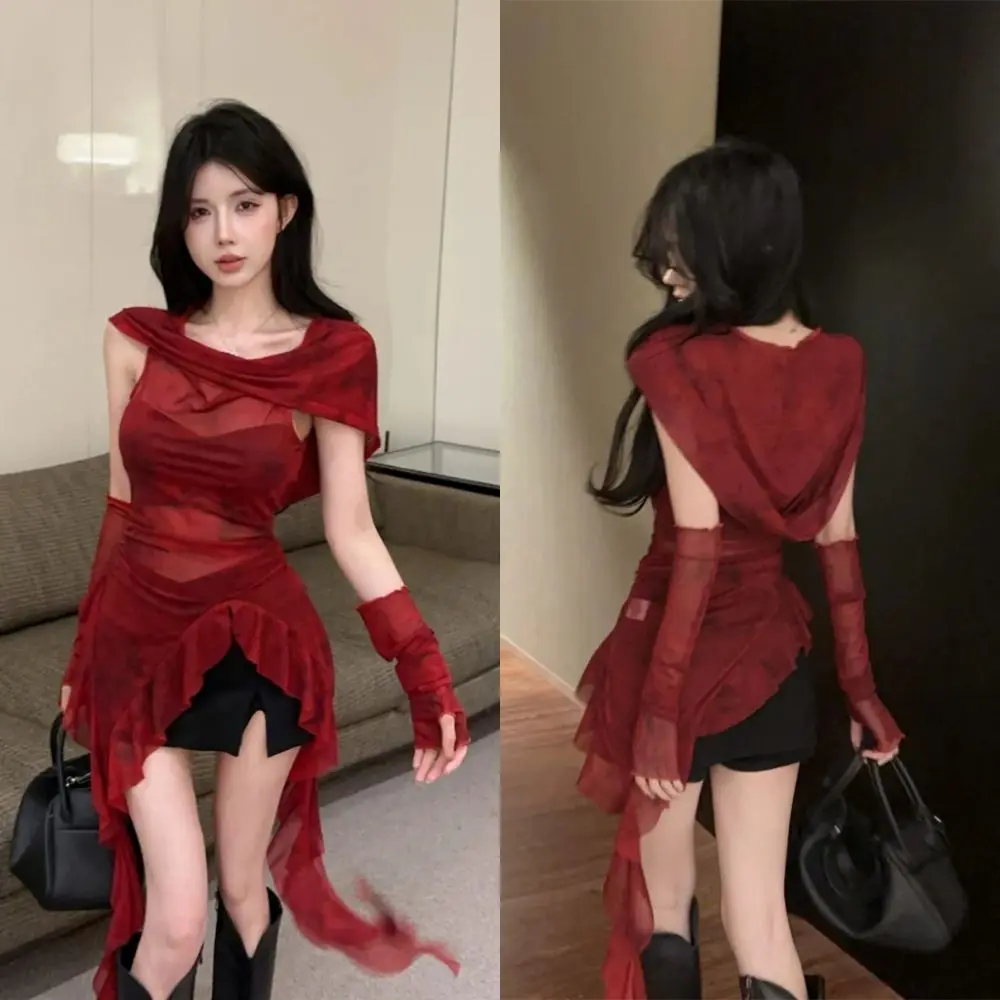

Y2K Tees Ruffle Long Sleeve Shirt Mesh Streetwear Vintage Gothic Hooded Square Neckline Design Hooded T-shirt Long Sleeve Tops