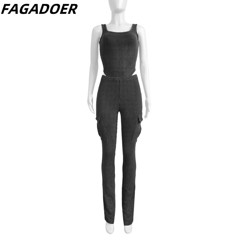 FAGADOER Casual Solid Ribber Skinny Pants Tracksuits Women Strap Sleeveless Backless Bodysuits And Pants Two Piece Sets Outfits