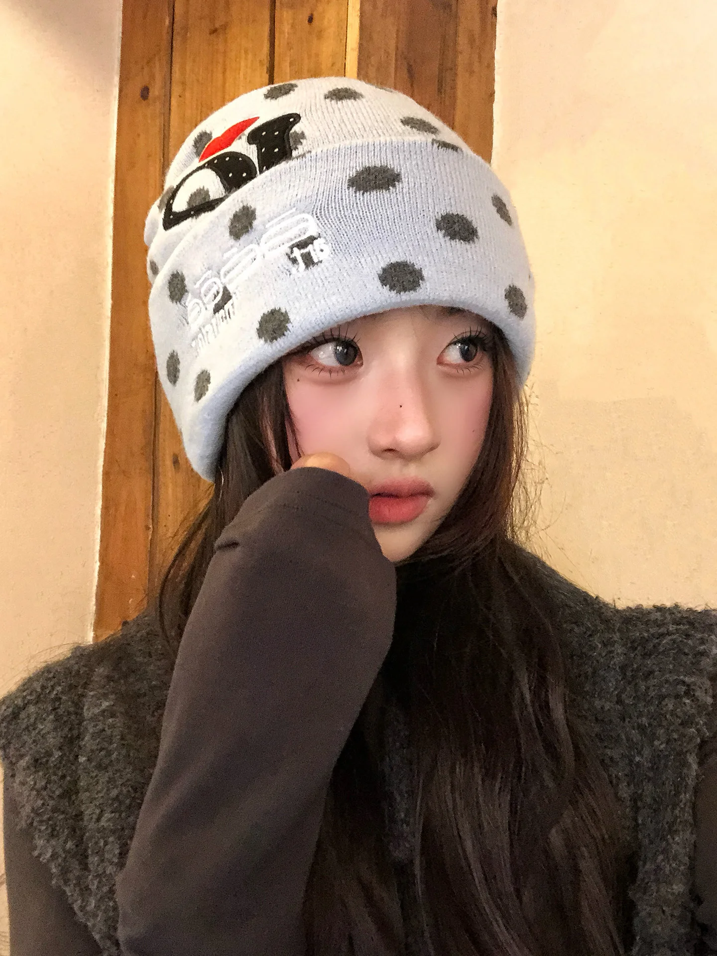 Retro Polka Dot Letter Heart Embroidered Knitted Woolen Hat Women's Loose Large Head Circumference Winter Cap Casual Style