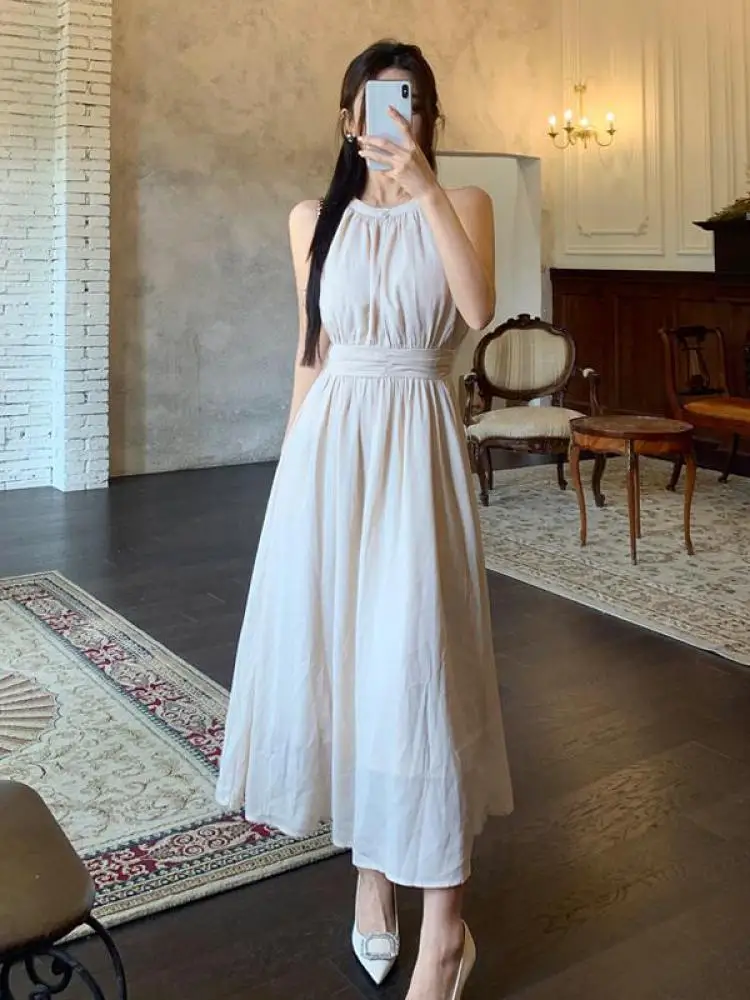 

Summer Black High Waist Sleeveless Off Shoulder Party Long Dresses Women French Beige Elegant Holiday Pleated Halter Dress Trend