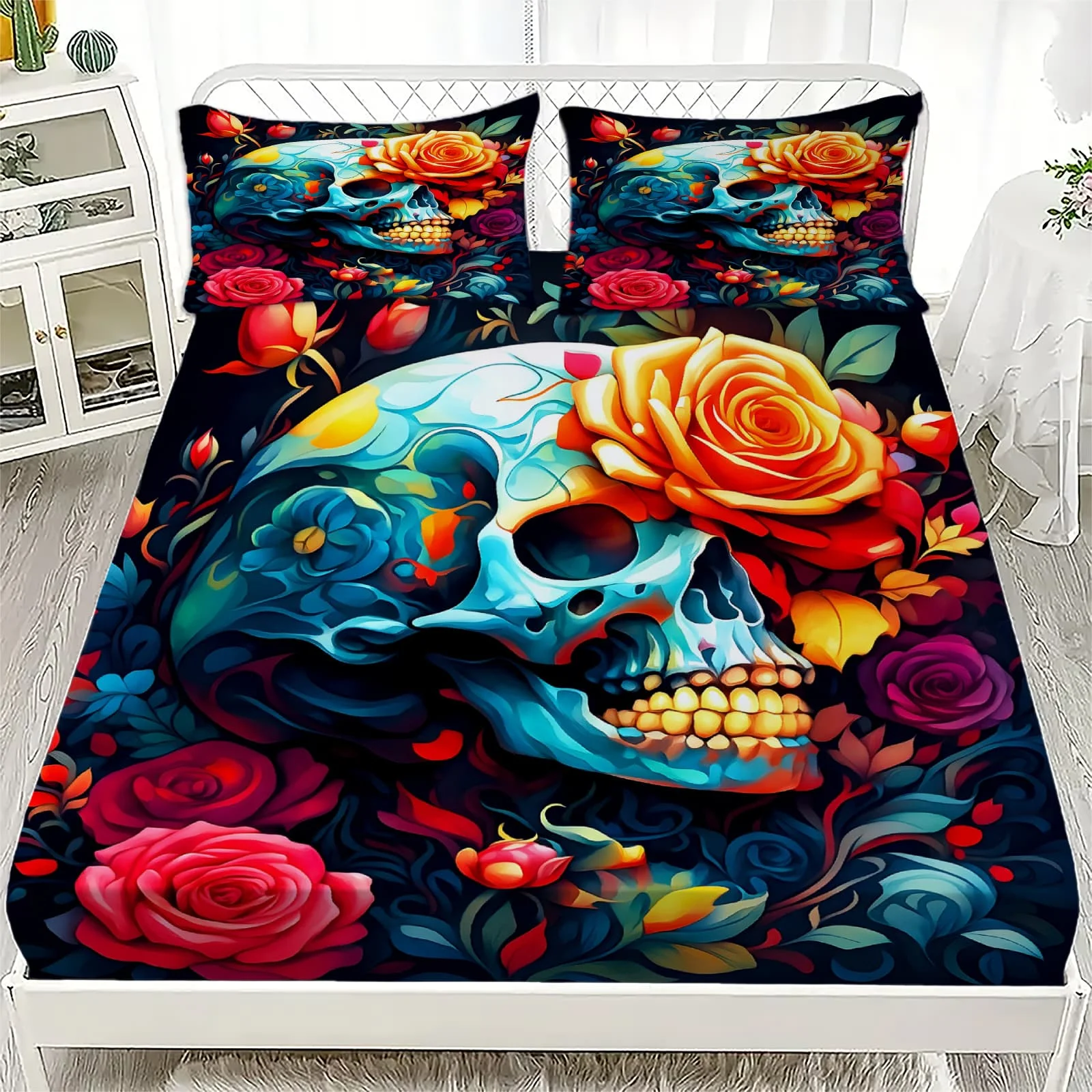 1 Stück, blaues Bettlaken mit Totenkopf- und Rosenmuster, 25 cm tiefe Passform, elastischer Matratzenschoner, für Einzel-, Queen- und King-Size-Betten, ohne Kissenbezug.