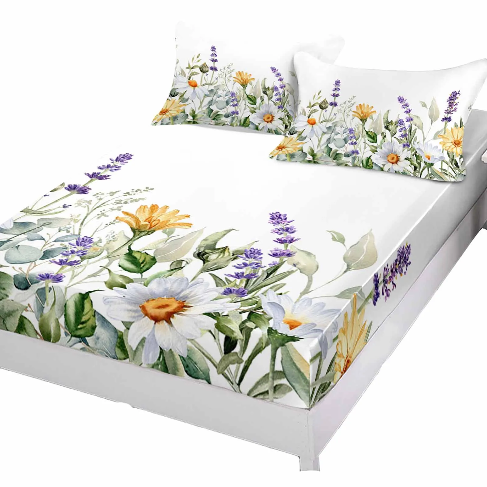 Summer Daisy Lavender Plants Flowers Bedding Fitted Sheet Set Elastic Band Mattress Cover King Size Bed Cover With Pillowcase