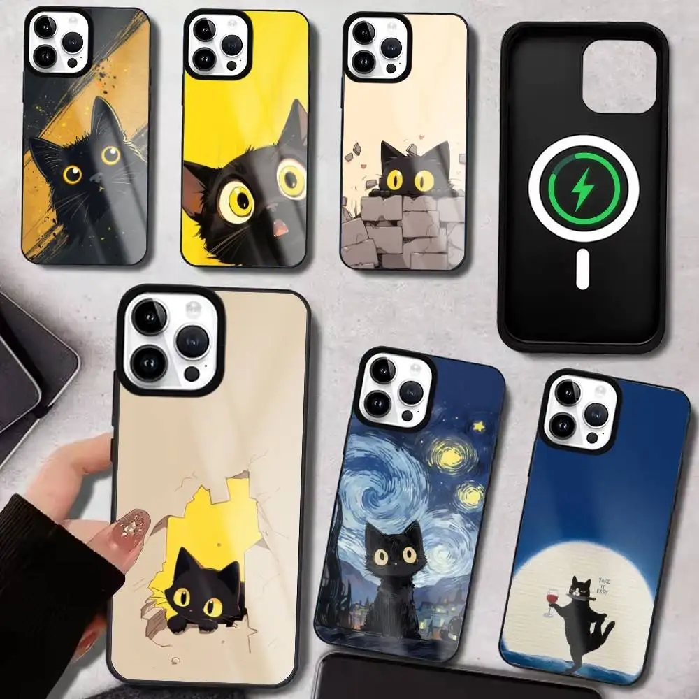 

Black Cat Art Phone Case For iPhone17,16,15,14,13,12,11 Plus,Pro Max For Magsafe Wireless Charging
