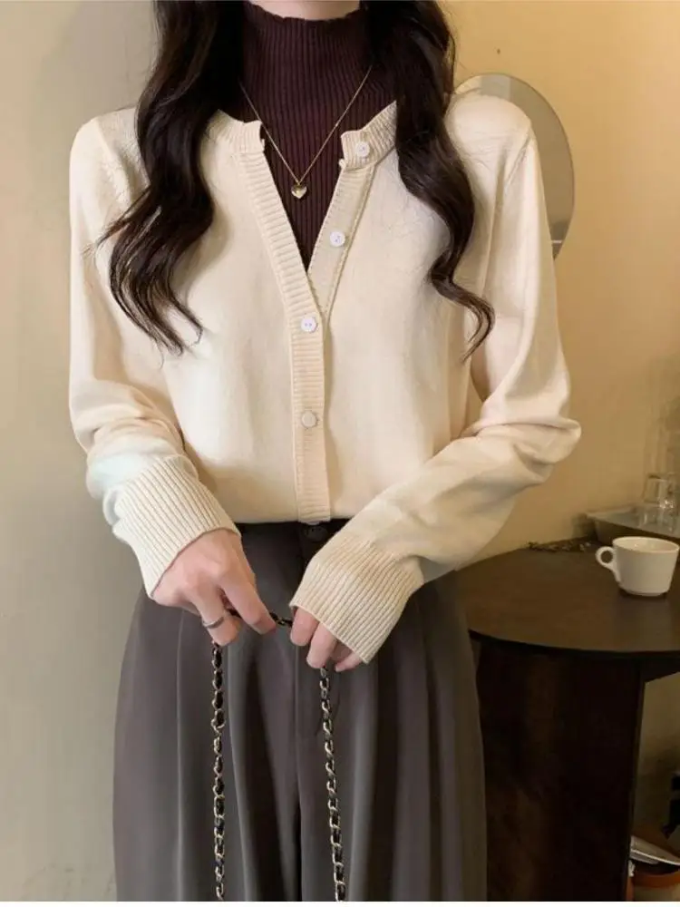 

Elegant Solid Basic Knitted Women Turtlneck Sweater Long Sleeve Casual Pullover Korean Fashion Chic Button Fake Two Pieces Tops