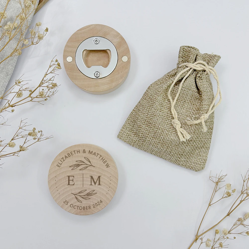 

Personalized Wedding Party Favors Wooden Magnet Bottle Openers with Burlap Bags Wedding Gifts for Guests