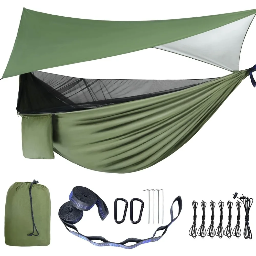 

Hammocks with Mosquito Net Tent and Rain Fly Tarp, Portable Single & Double Nylon Parachute Hammock with Heavy Duty Tree Strap