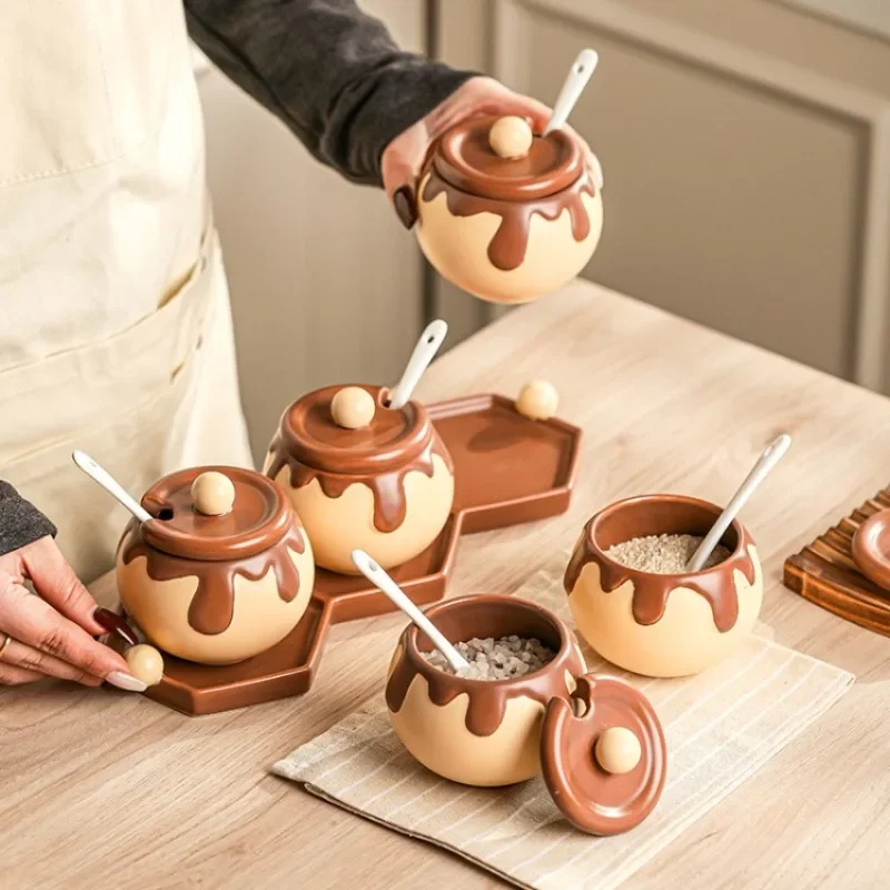 Korean Creative Chocolate Shape Ceramic Spice Jar Cartoon Seasoning Box Salt Pepper Shaker Kitchen Decoration Flavoring Utensils