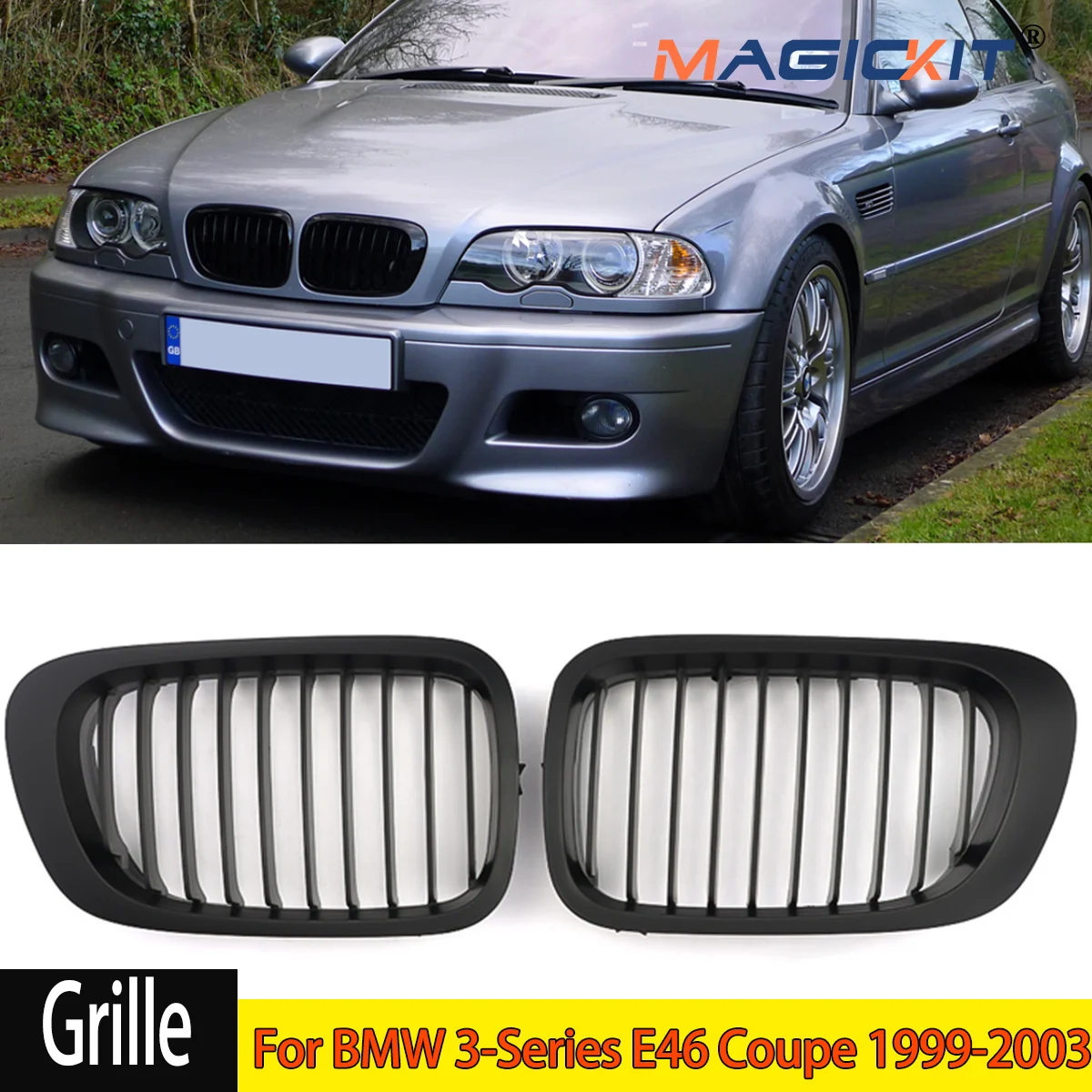 

MagicKit ABS Matte Black Front Bumper Hood Grills For BMW 3-Series E46 Coupe 1999-2003 Pre-facelift Kidney Grille Auto Part CAR