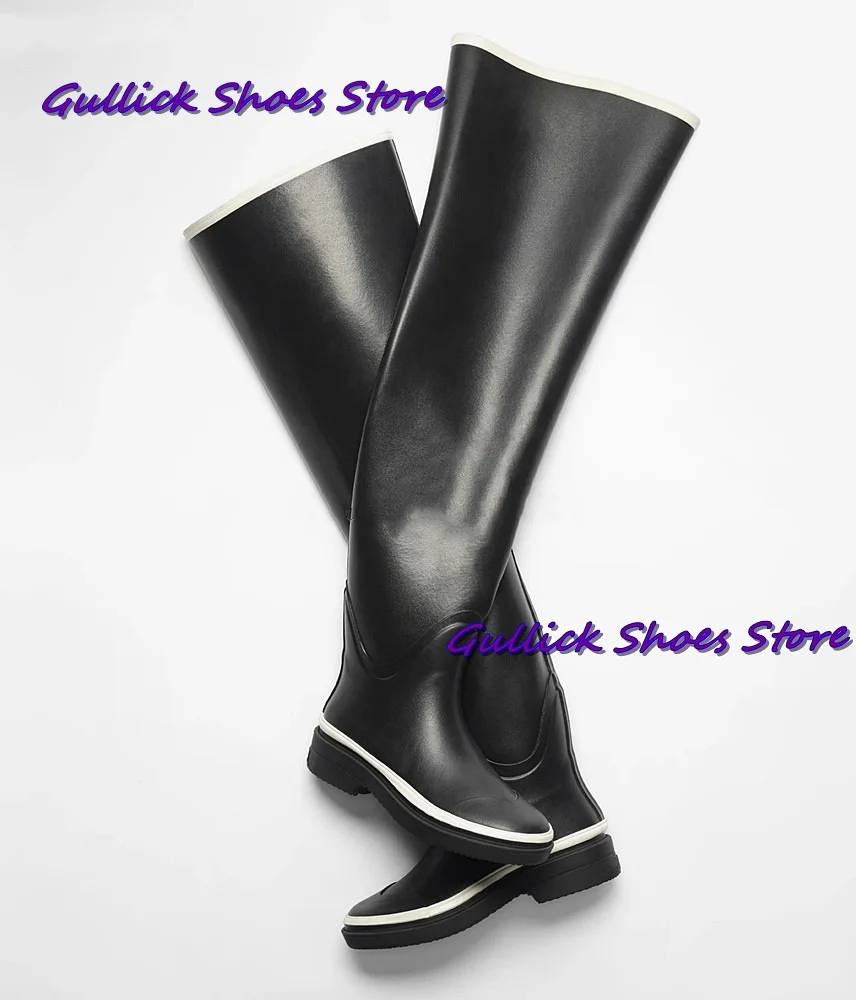 New Rubber Rain Boots Round Toe Solid Long Boots Over-The-Knee Flat Bottom Walking Show Women Autumn Winter Outwear Runway Boots