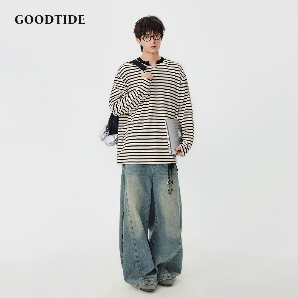 Fashion Men's Casual Long Sleeve T - Shirt 2025 Spring Autumn Striped Pattern Notch Neck Design and Loose - Fit Comfortable Top