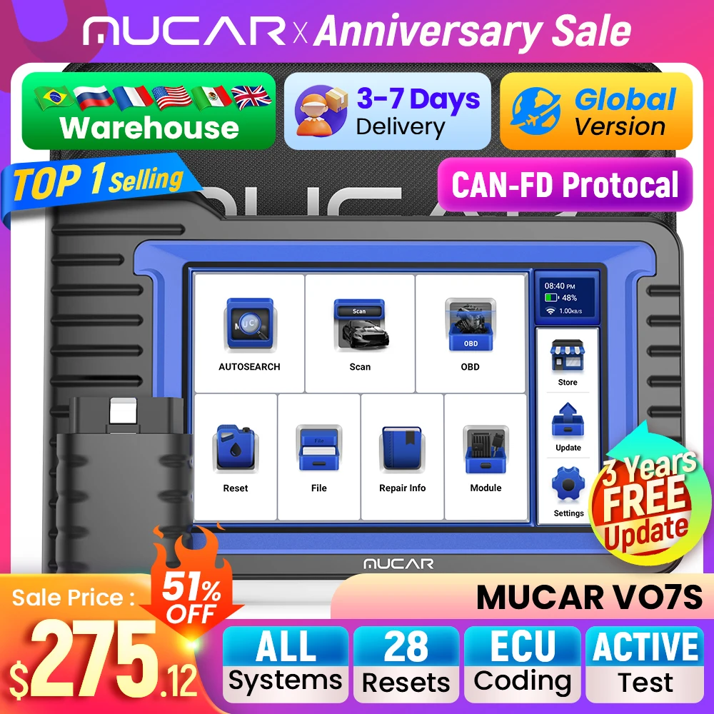 MUCAR VO7 VO7S Professional Car Diagnostic Tools Automotive Obd2 Car Scanner Auto Diagnosis Tool ECU Coding Active Test 28 Reset