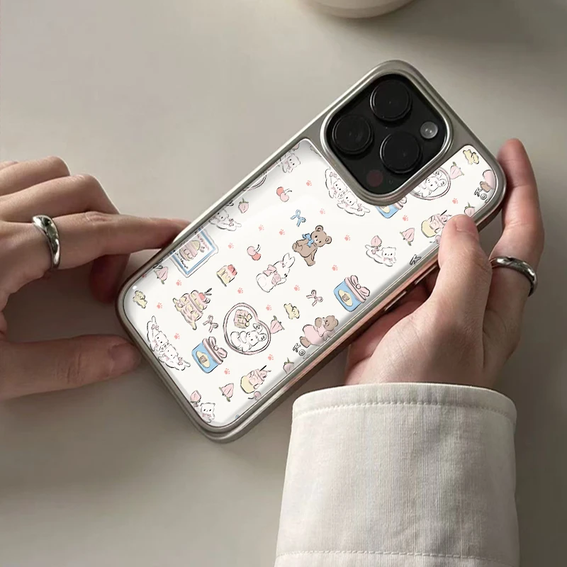 Ins Exquisite florale Hydrogel-Rückplatte mit silbernem Rand, stoßfeste Handyhülle für iPhone 17, 16, 15, 14 Pro Max