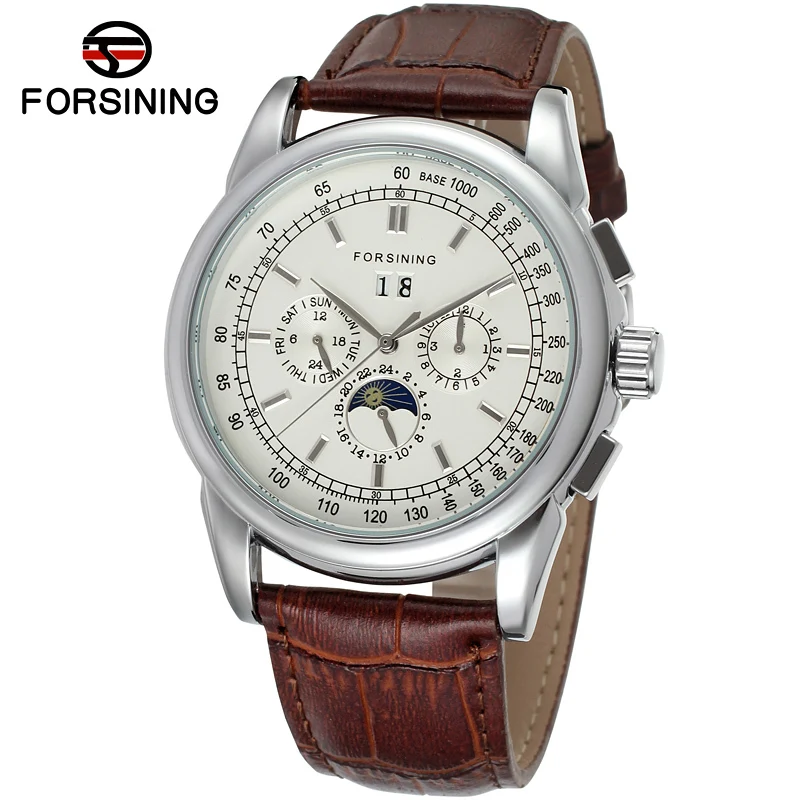 Luxury Brand New Style Moonphase Calendar Display Brown Leather Strape Automatic Movement Mens Watches Top Brand Luxury Watches