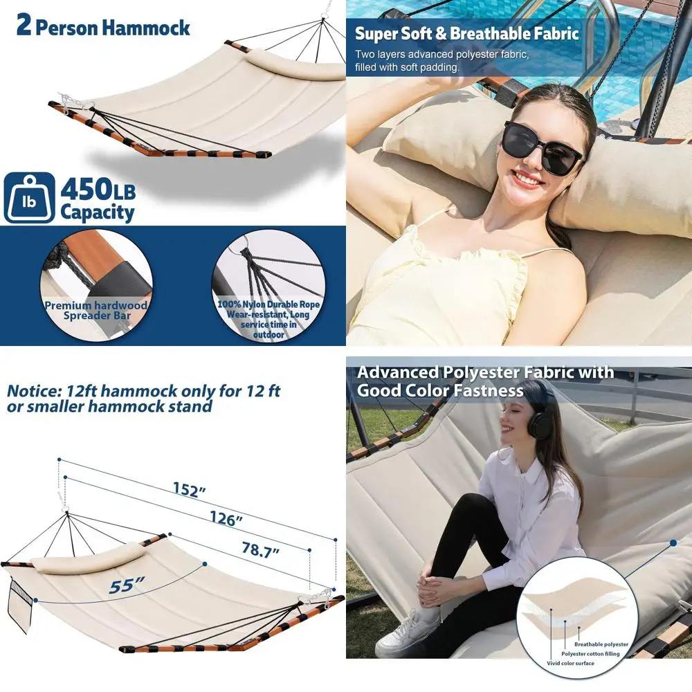 

Double Hammock with 450LB Capacity, V-Shaped Hardwood Bar & Nylon Rope for Outdoor Use
