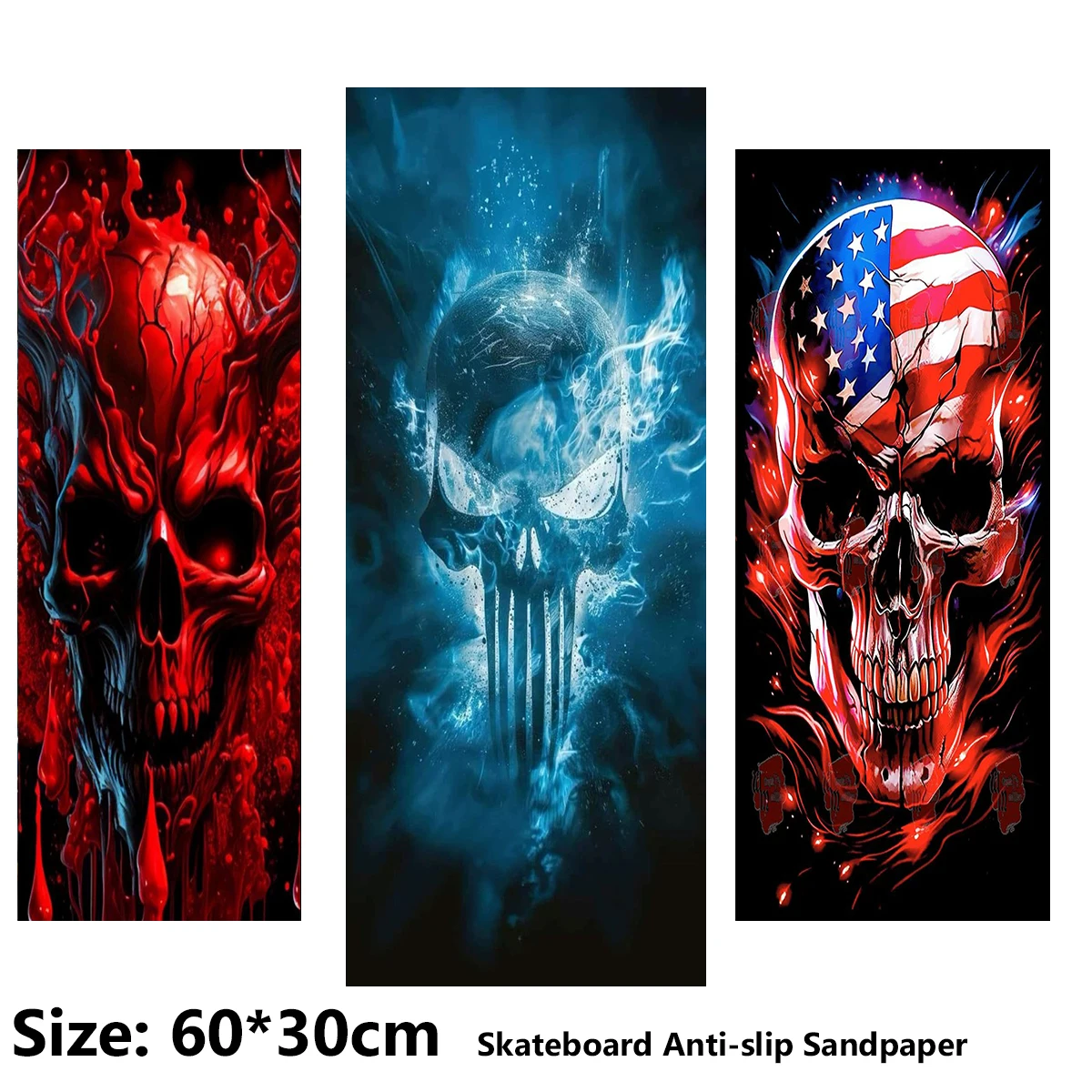 

Blue flame red white blue stripes skull Pattern Electric Scooter Anti-slip Sticker Sandpaper Skateboard Grip Tape Sheet 60*30cm