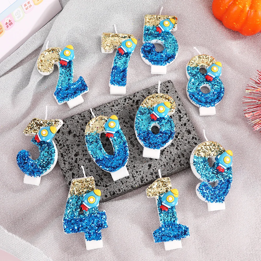 Cartoon Rocket Digital Birthday Candles - Golden-Blue Gradient Candles. Party Gifts, Birthday and Anniversary Candles.