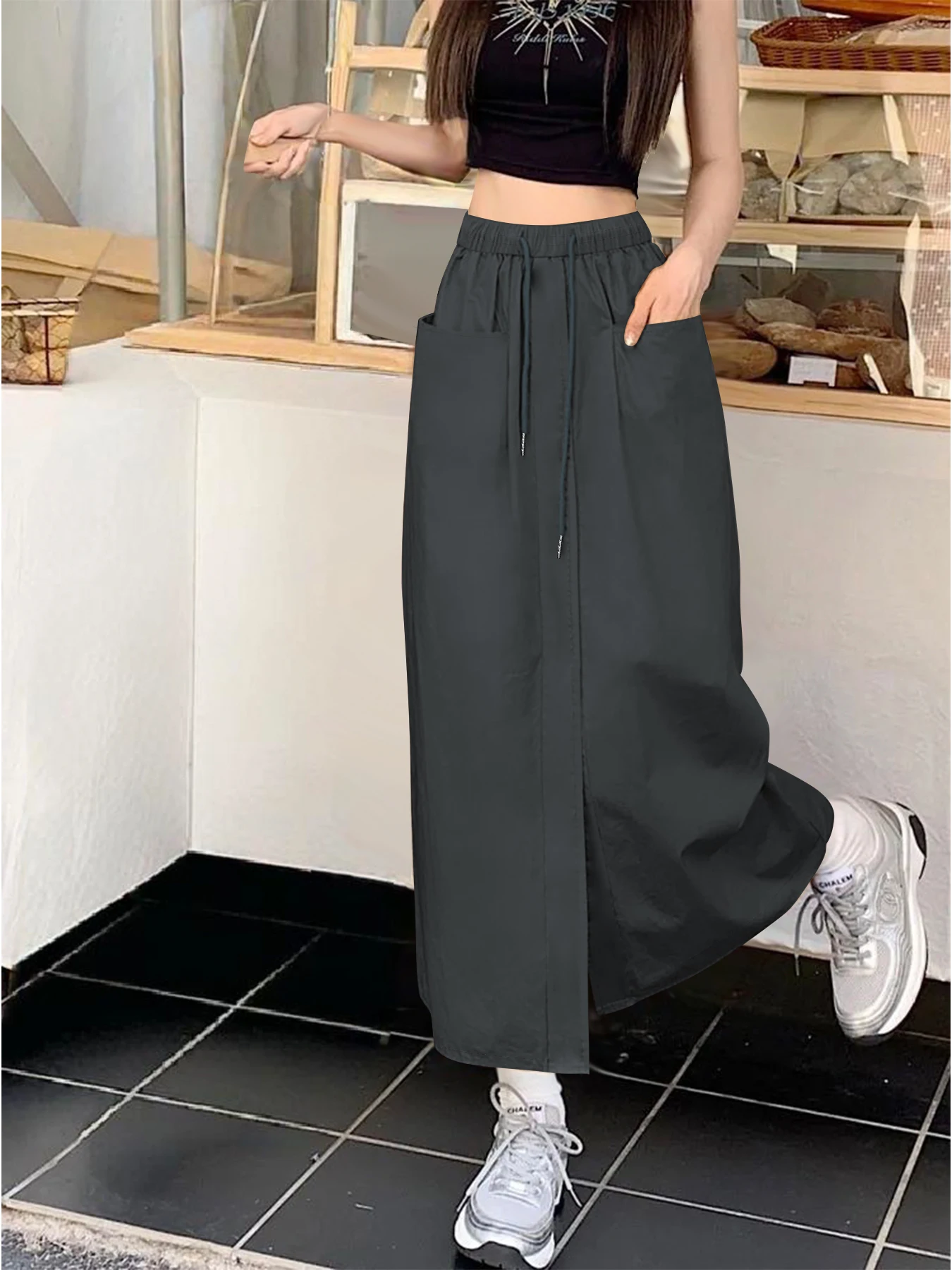 Women's Casual A-Line Ankle Length Skirt with Pockets