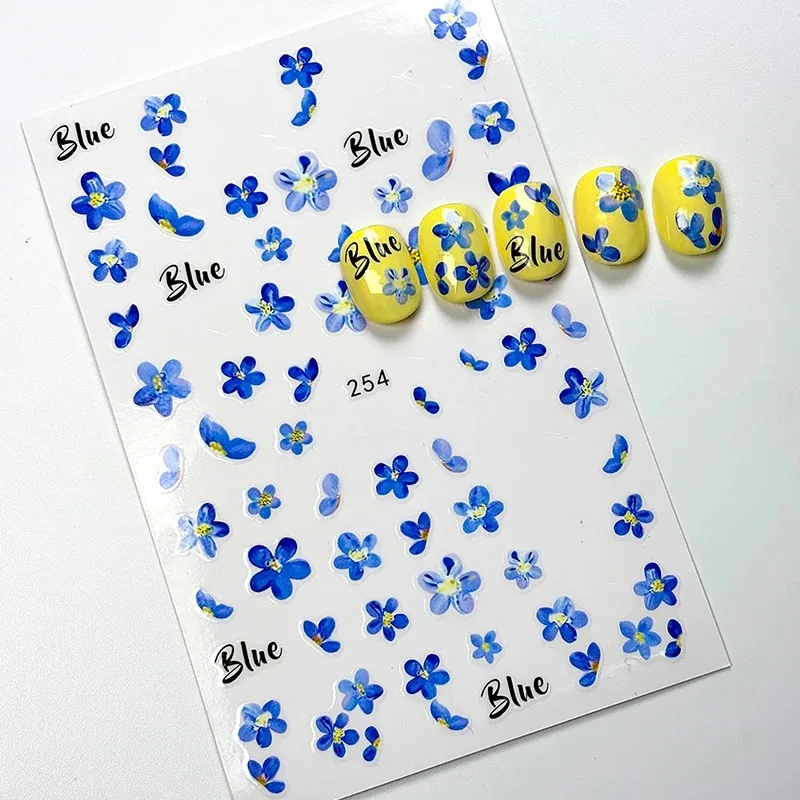 Watercolor Blue Flower Nail Stickers Cute Floral Petals Hyacinth Tulip Adhesive Decals for Elegant Spring Summer Nail Decor