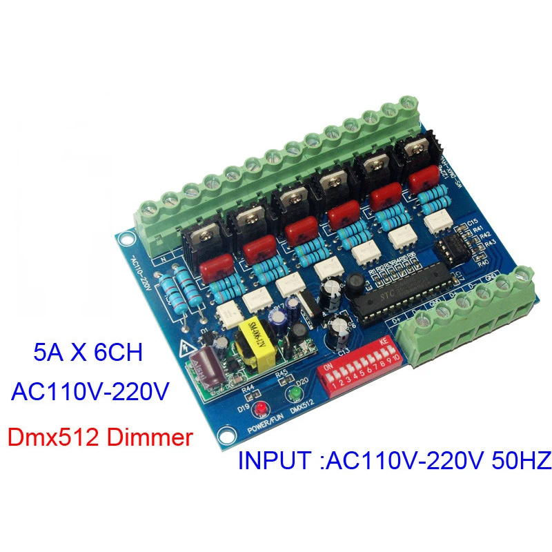 AC110V-220V High Voltage 50HZ 6 Channels Dimmer 6CH DMX512 Decoder 5A/CH Board For High Voltage Incandescent Lamp