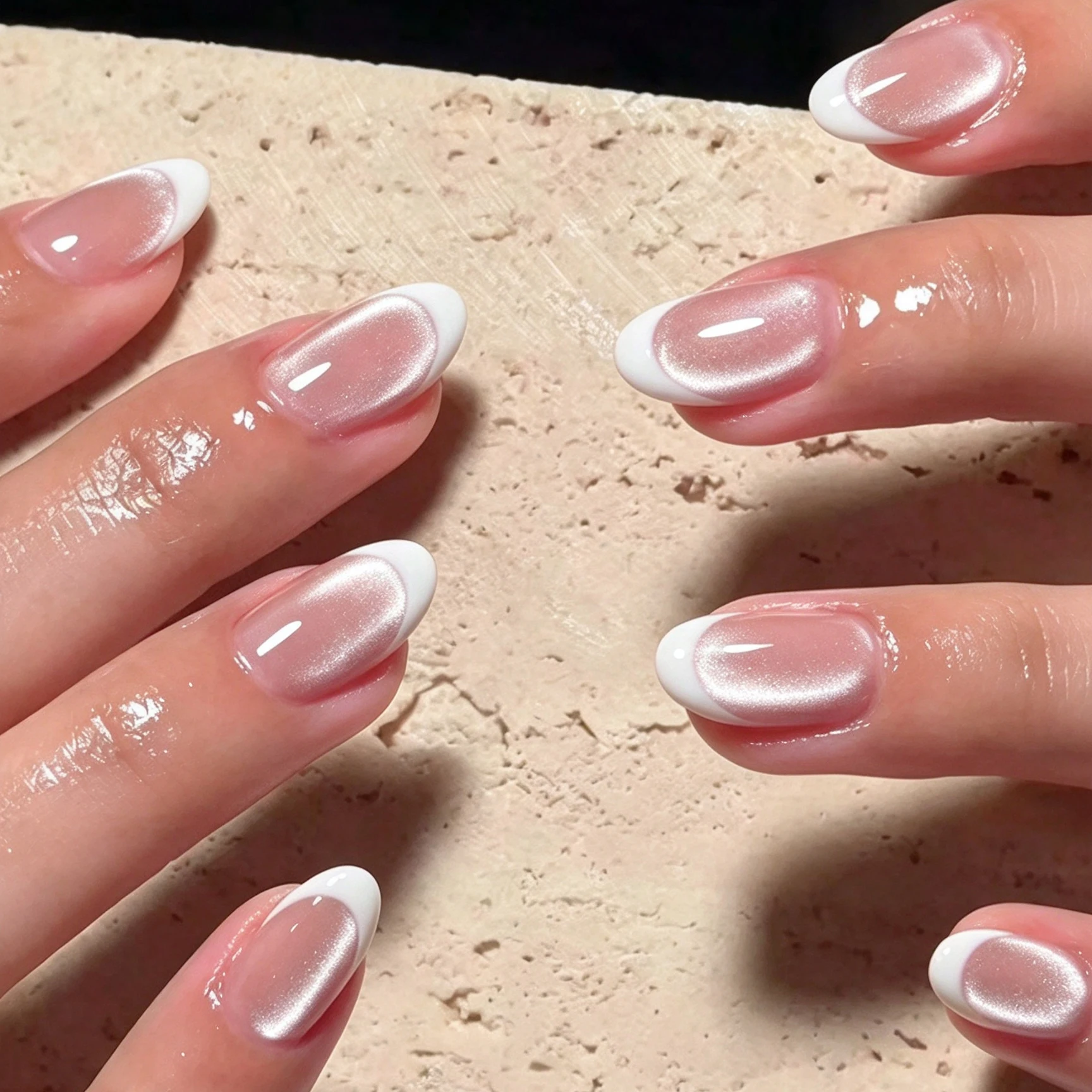 Nude Pink Cat Eye French Press On Nails, Medium Short Square Oval, Silver Shimmer Cat Eye, Simple Elegant Reusable False Nails,