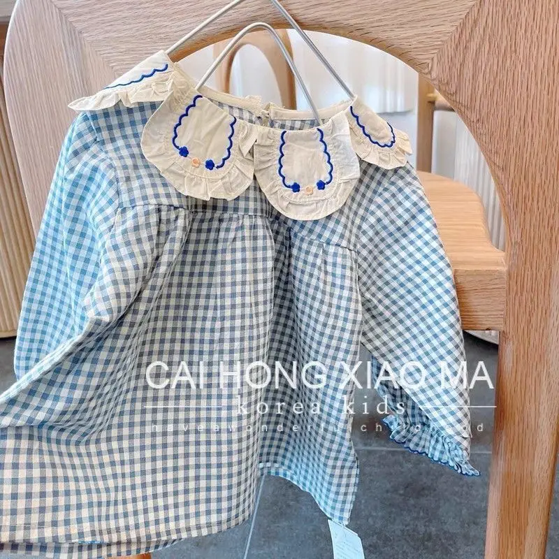 Spring and Autumn Girls' Bubble Sleeve Shirt New Children's Stylish Blue Checkered Baby Doll Shirt Long Sleeve Top