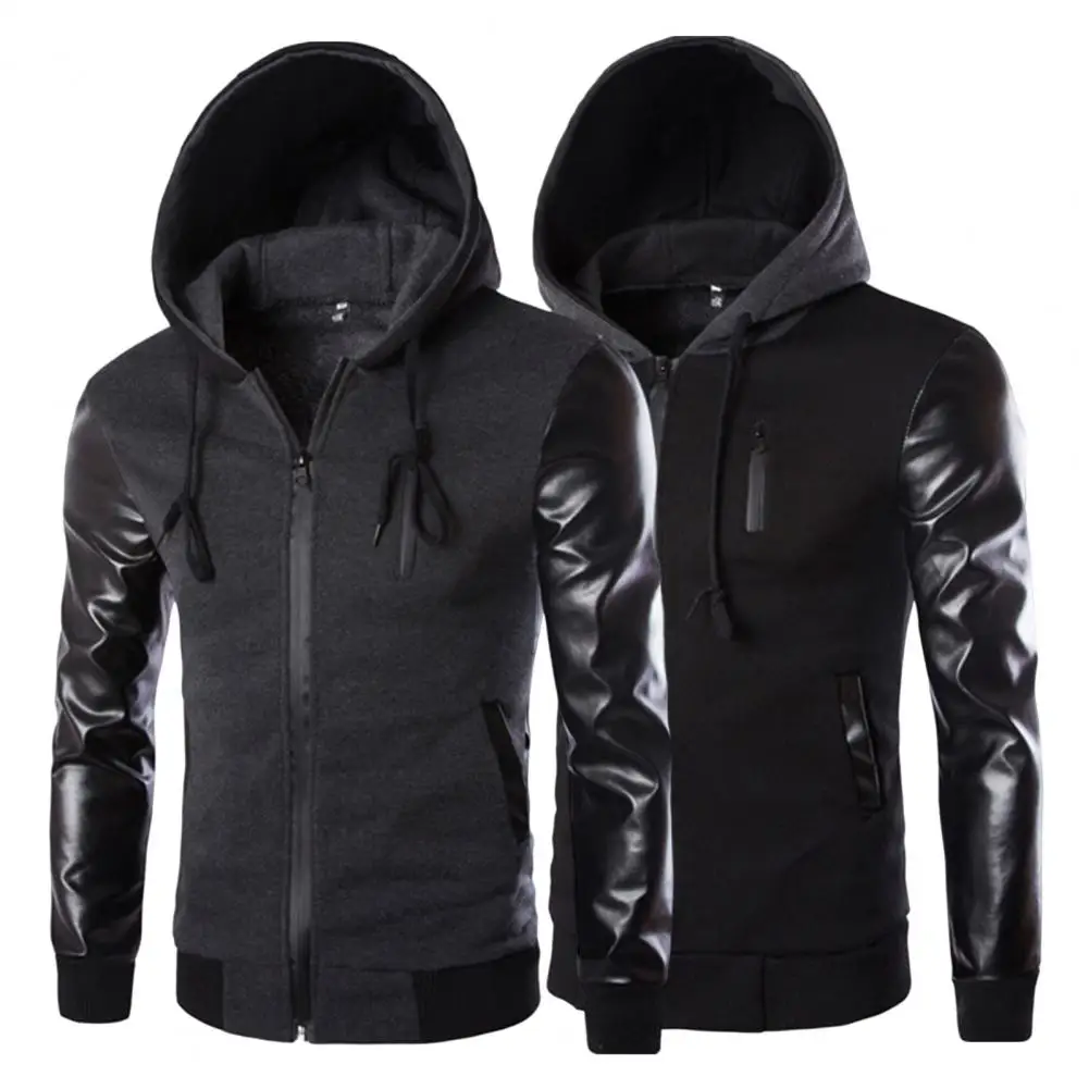 Men Jacket Faux Leather Sleeve Pockets Slim Windbreaker Autumn Spring Men Coat Casual Patchwork Hoodie Sweatshirts Men Outerwear