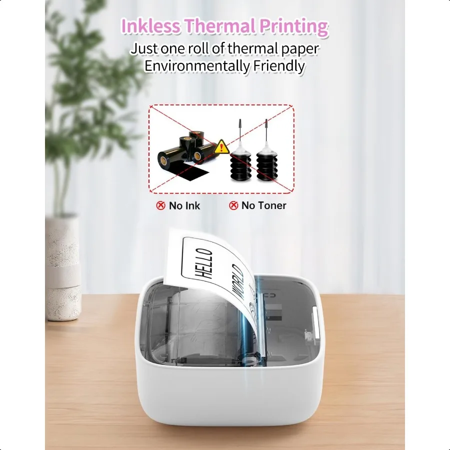 Pembuat Stiker Printer Termal Portabel dengan 1 Rol Kertas Stiker Bluetooth Printer Mini Pembuat Label untuk Catatan DIY Belajar Mi