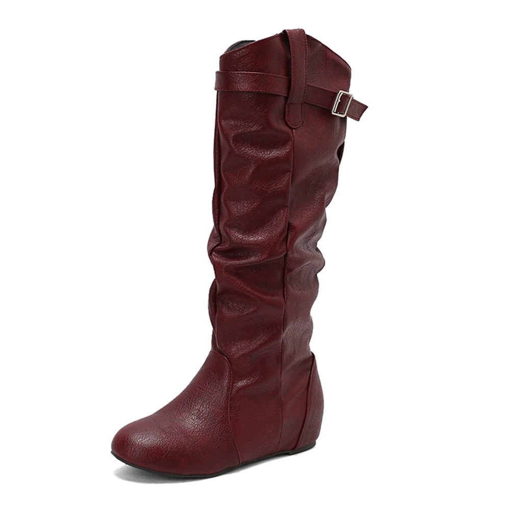Botas De Mujer Autumn Winter Knee High Boots Women Height-increasing Insoles Zipper Belt Buckle Pleatet Long Boots Big Size 13-2
