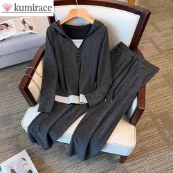 Large size women's 2024 autumn outfit new casual slimming fake two-piece hoodie women's wide leg pants two-piece set pant sets