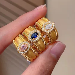 HUANQI Vintage Geometric Plated Gold Brushed Ball Edge White Pink Blue Zircon Oval Pigeon Egg Set Ring for Women Girls Jewelry