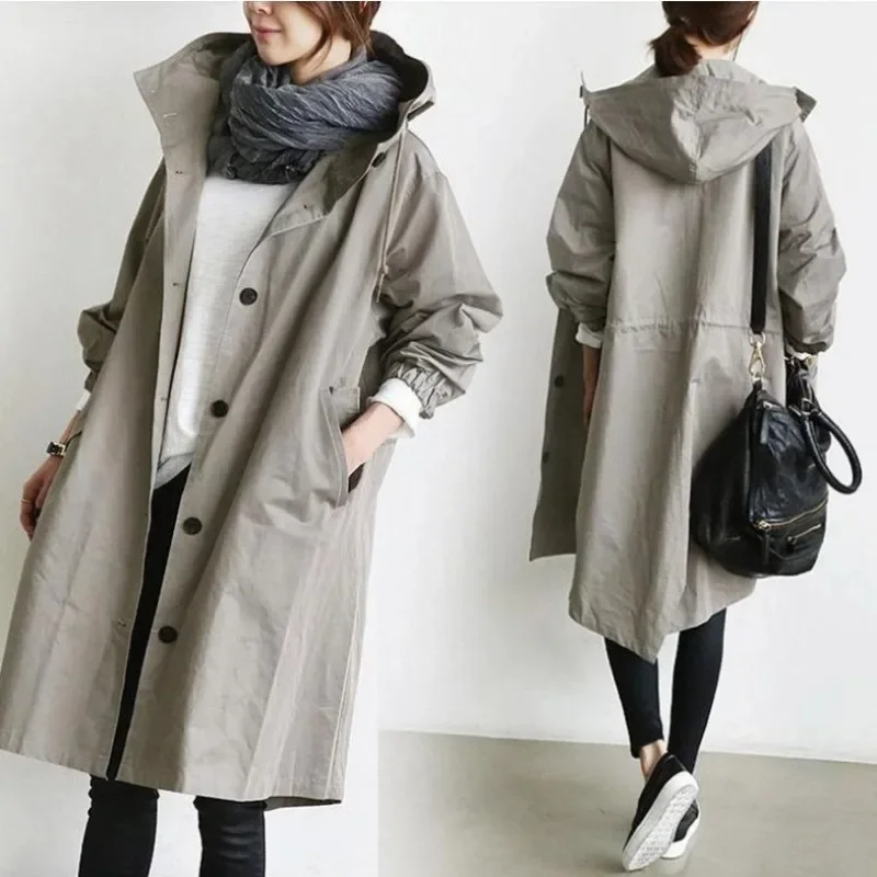 Autumn Trench Coat Women Solid Color Loose Cardigan Large Coat Women Long Sleeve Pocket Single Breasted Turn-down Collar Trench