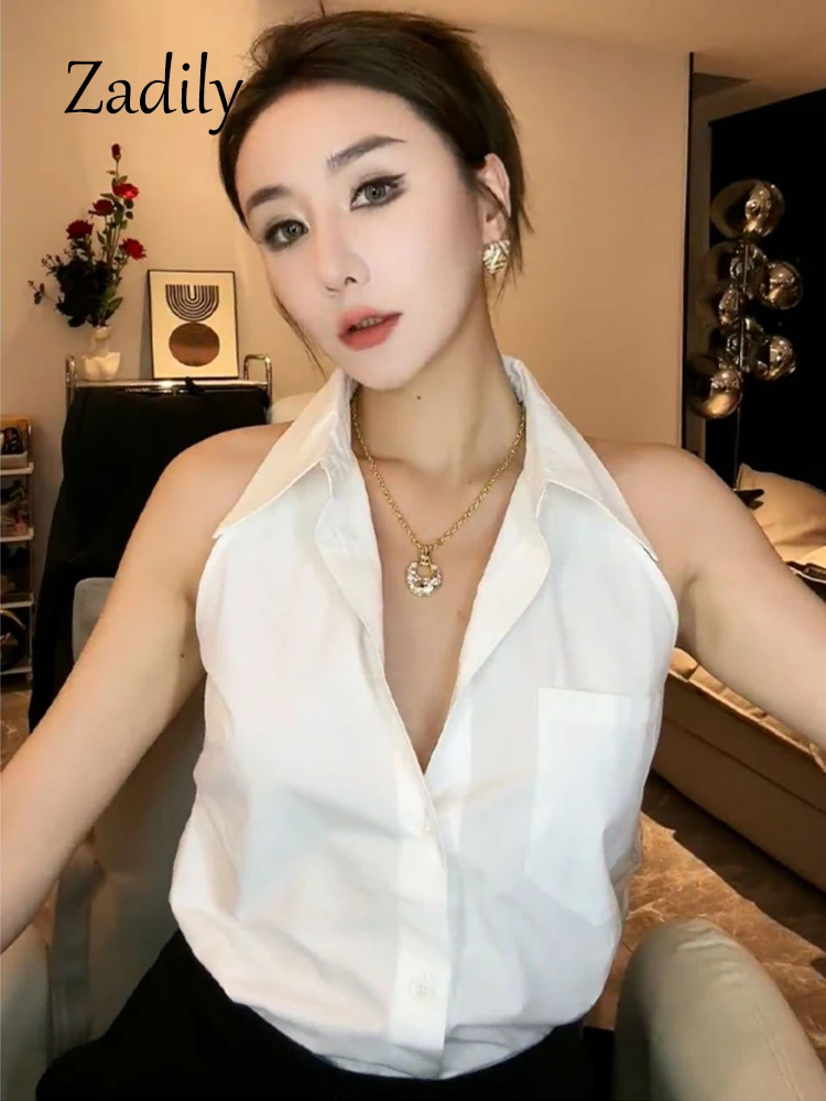 Zadily 2024 Summer Sexy Sleeveless Women White Shirt And Blouse Korea Style Button Up Turn Down Collar Tunic Party Female Tops