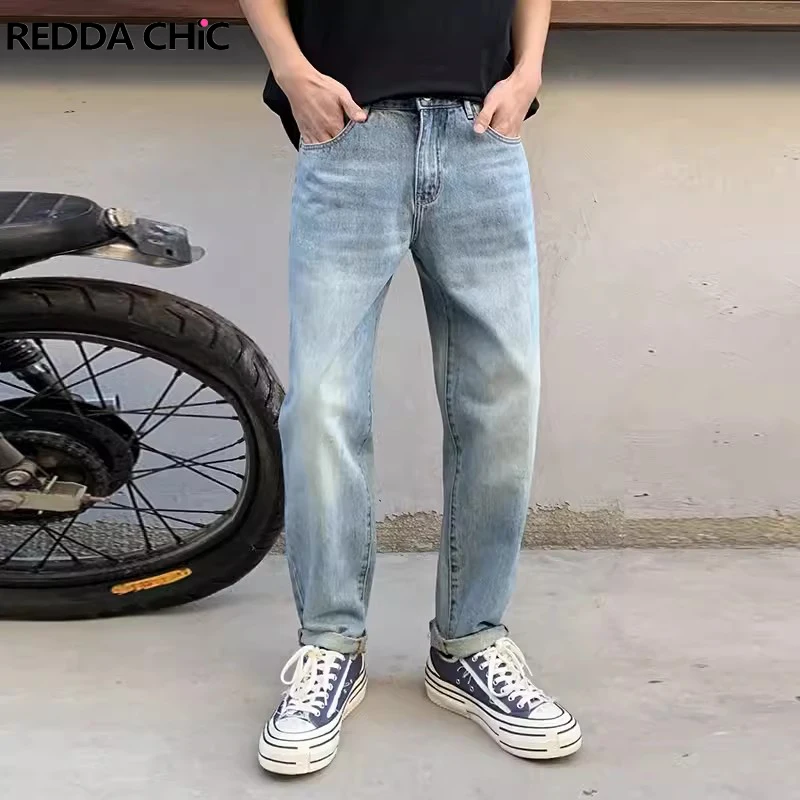 

REDDACHIC Light Wash Blue Straight Jeans for Men Plain Cleanfit Brushed Rolled Denim Pants 90s Retro Trousers Korean Streetwear