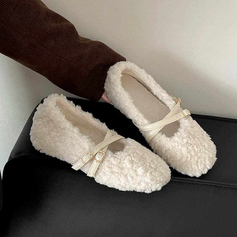 Ballet Flats Fluffy Lamb Wool Mary Jane Shoes 3cm Hidden Heel Cross Double Buckle Strap Round Toe Warm Plush Winter Casual